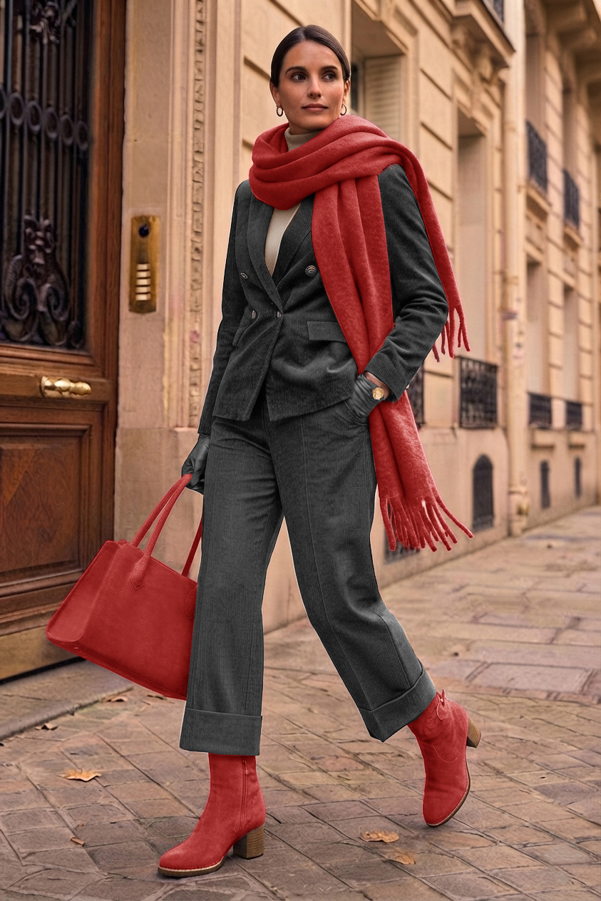Women's red side-buckle ankle boots with round toe and mid block heel - Worn view